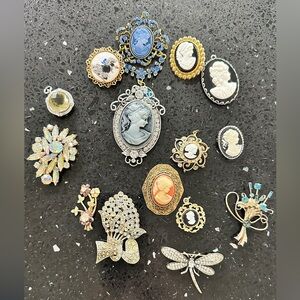 Vintage Cameo & Rhinestone Brooch Lot – Dragonfly, Floral, Mid Century